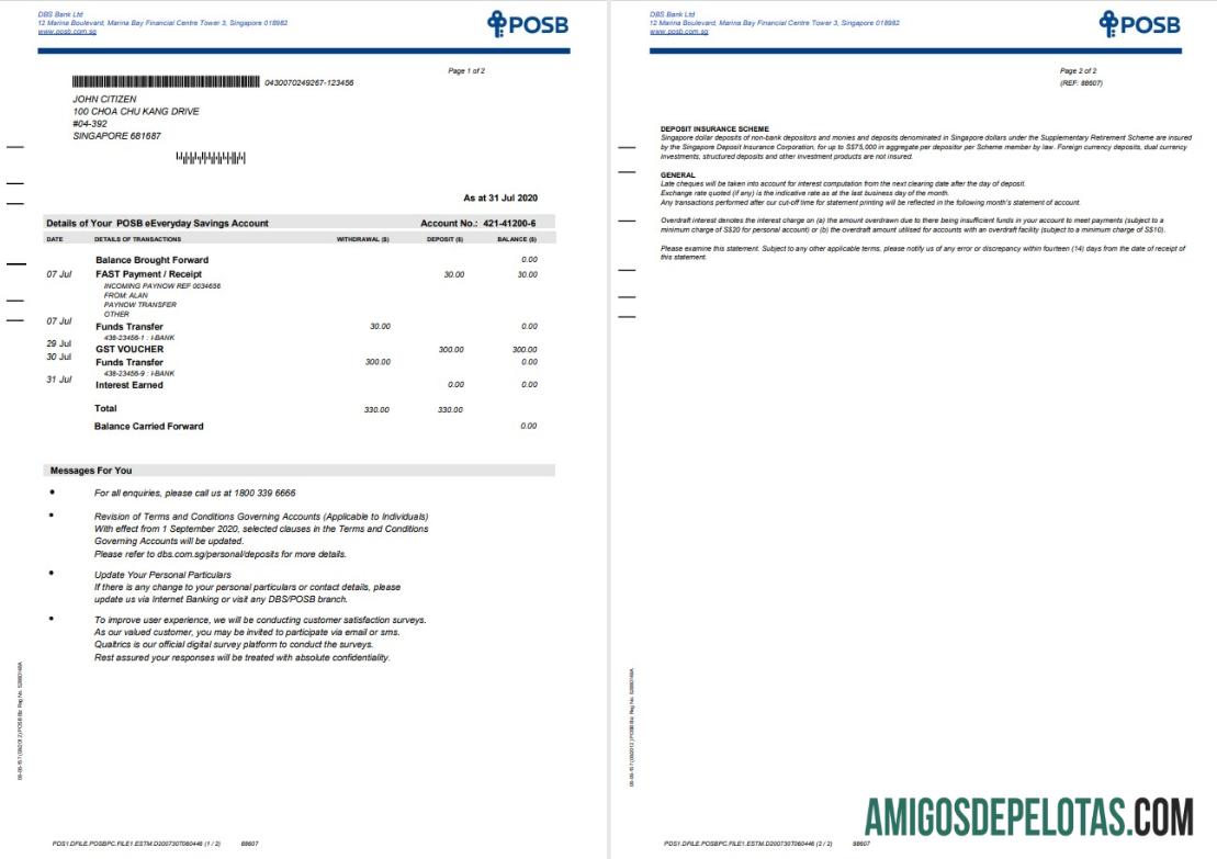 Modelo de extrato bancário DBS de Cingapura em branco em formato Word e PDF, 2 páginas